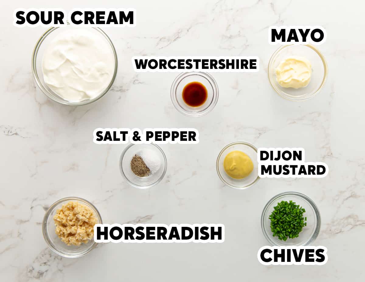 Overhead view of ingredients for horseradish sauce with overlay text.