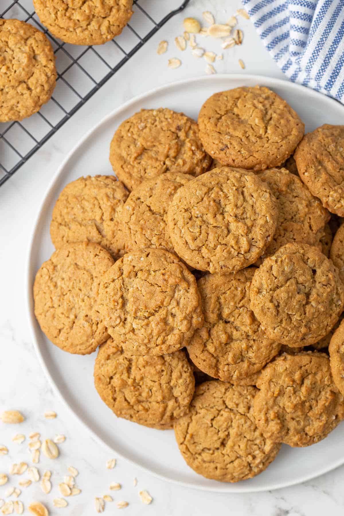 Overhead view of a white plate of oatmeal peanut butter cookies.