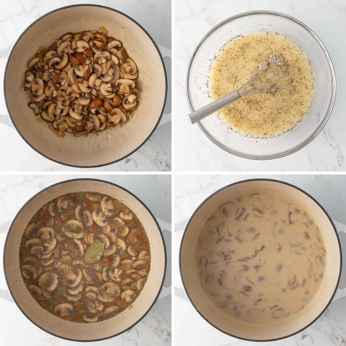 A collage of four images showing steps of how to make cream of mushroom soup.