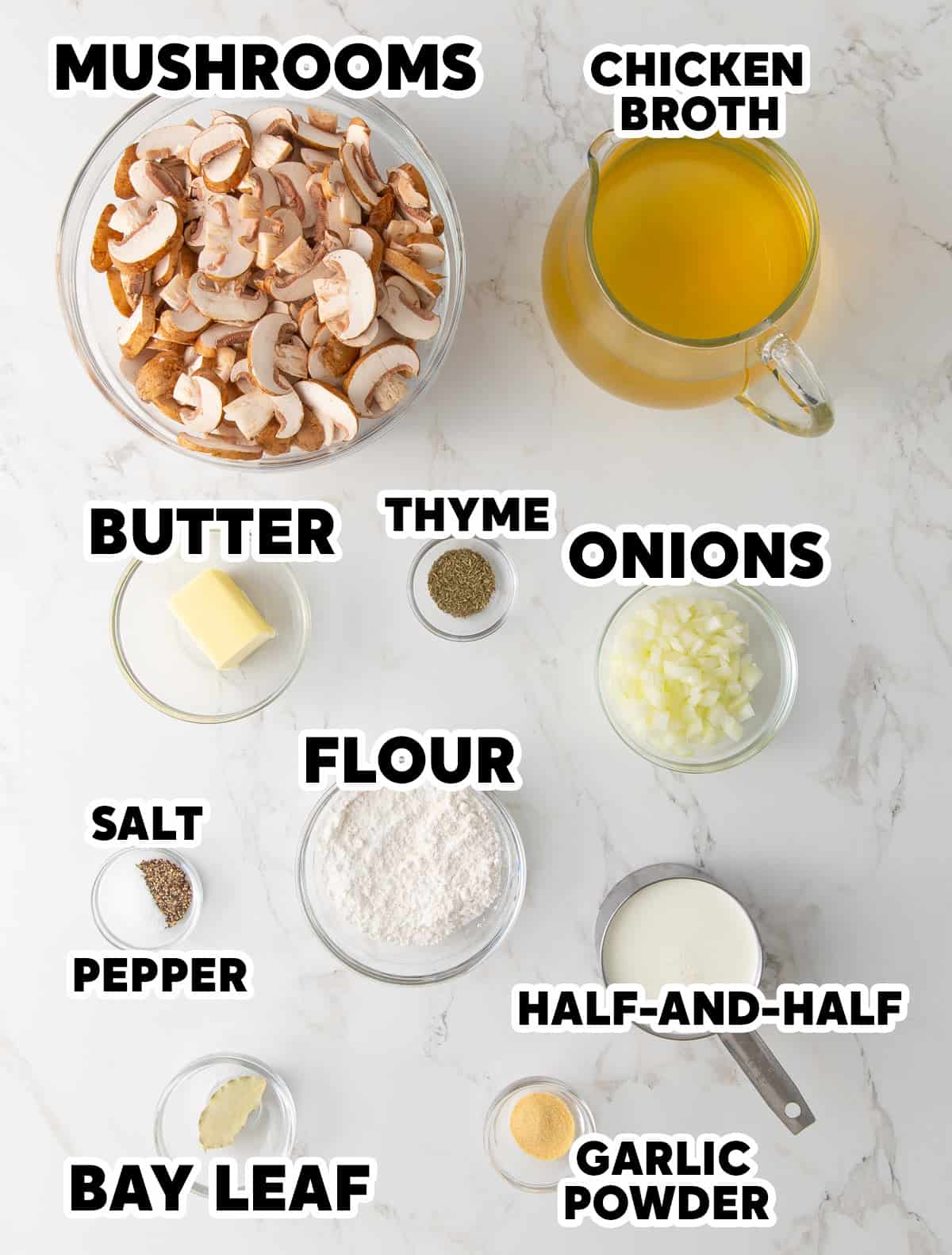 Overhead view of ingredients for homemade cream of mushroom soup with overlay text.