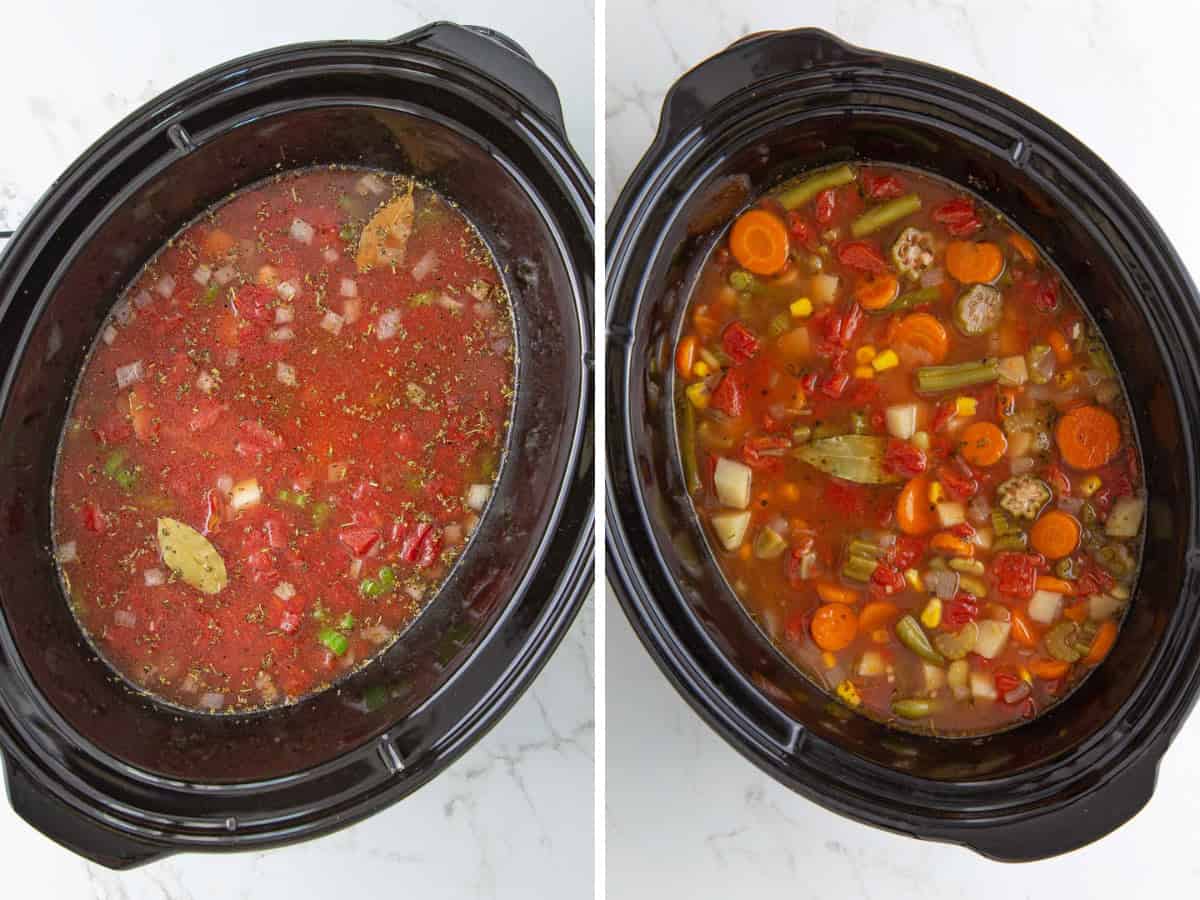 Step-by-step photos showing how to make crock pot veggie soup.