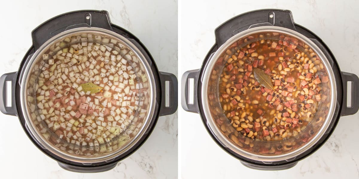 A collage of two images of instant pot black-eyed peas before and after cooking.