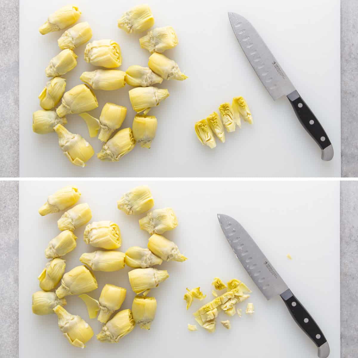 Two images of drained canned artichoke hearts on a cutting board with a knife.