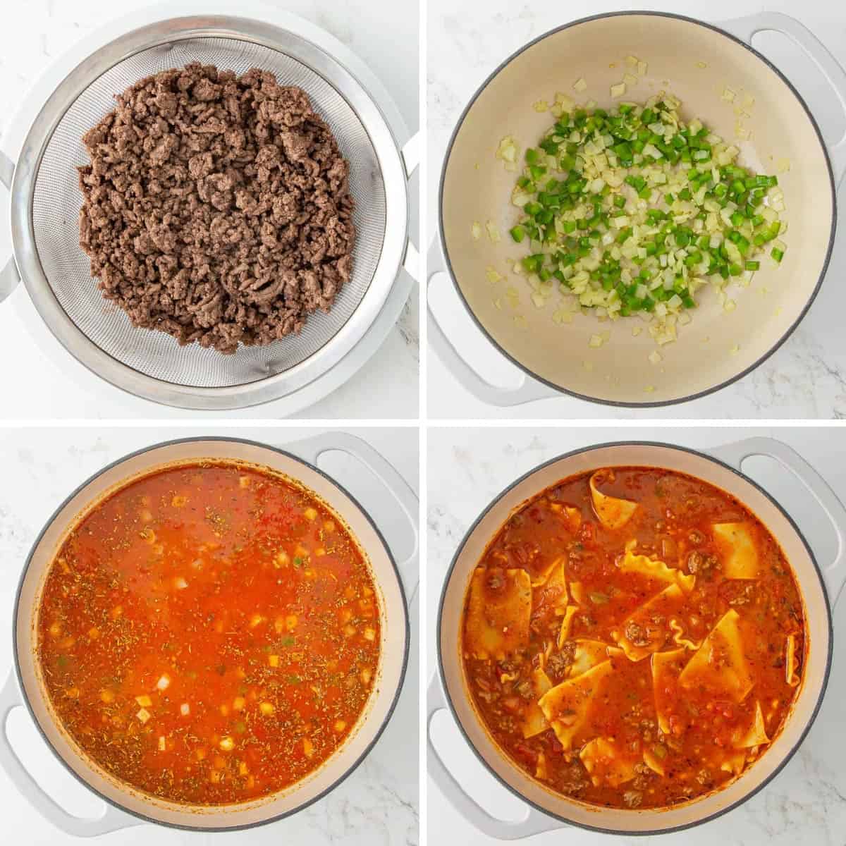 Step-by-step photos showing how to make lasagna soup.