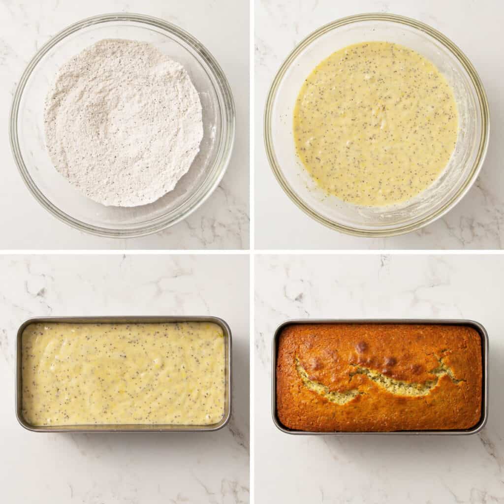 A collage of four images showing steps of how to make lemon poppy seed loaf bread.