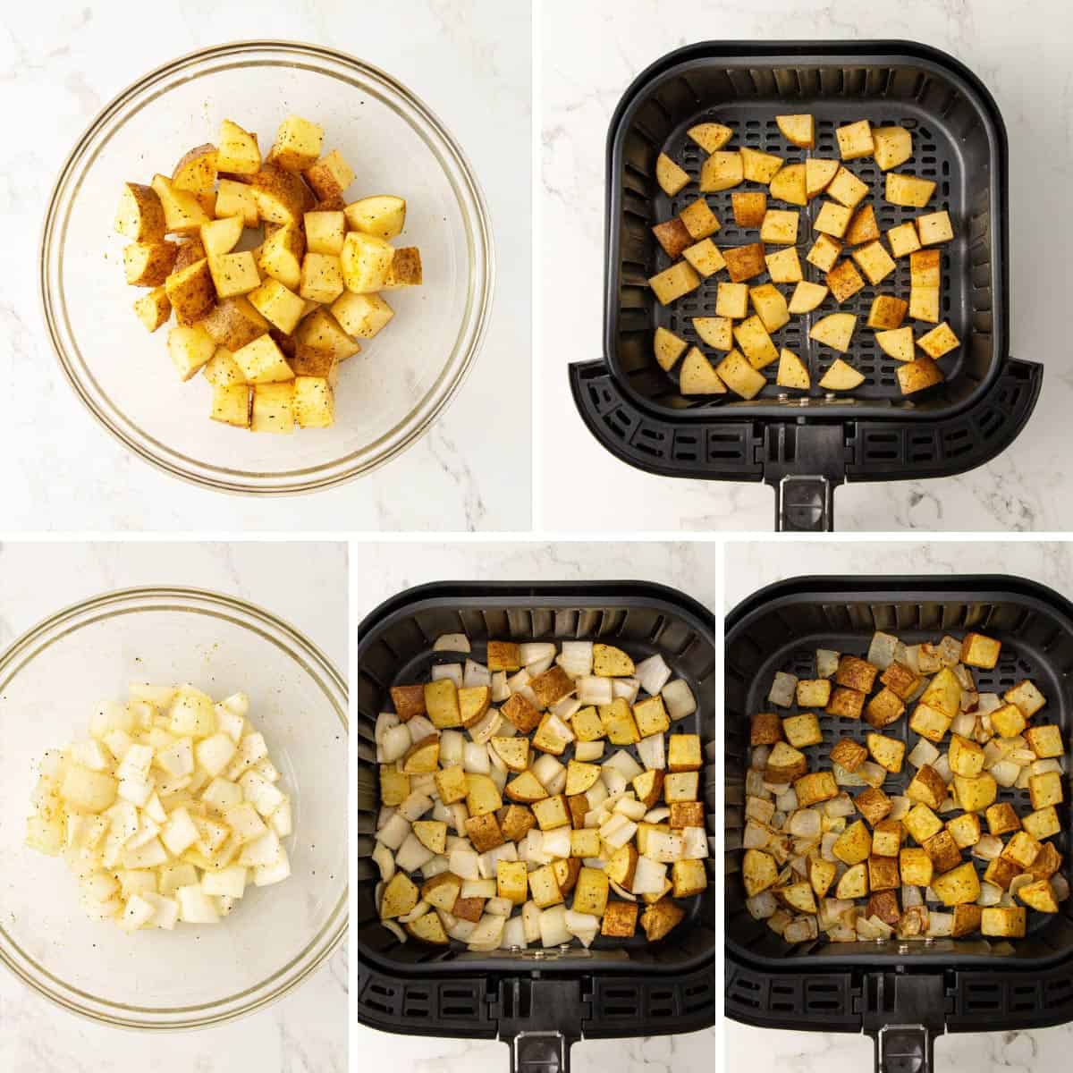 Step by step photos showing how to make air fryer potatoes and onions.