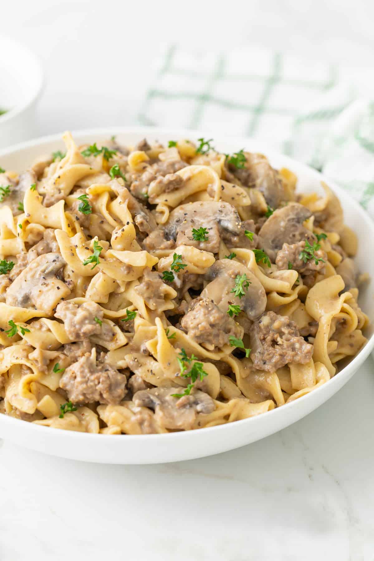 Front closeup view of ground beef stroganoff in a white bowl.