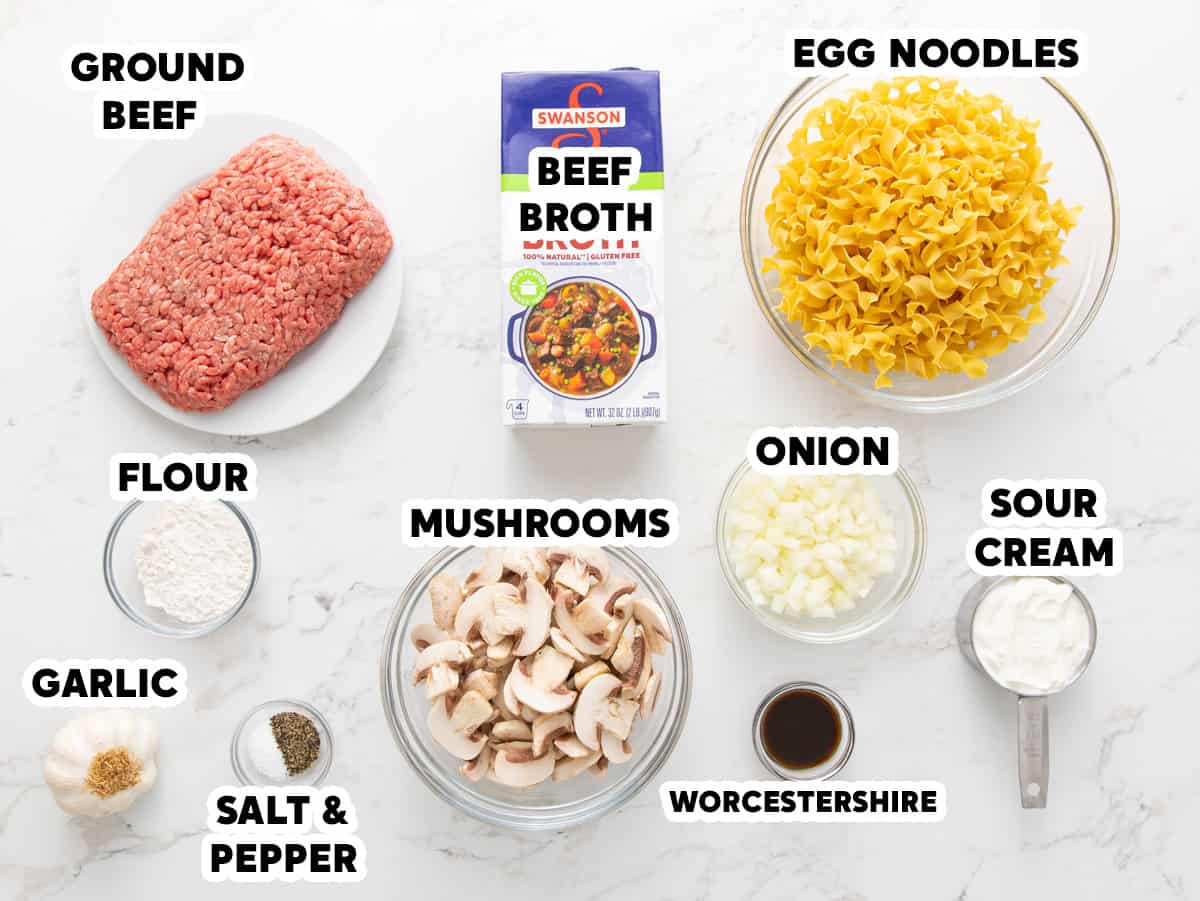 Ingredients for ground beef stroganoff with overlay text.