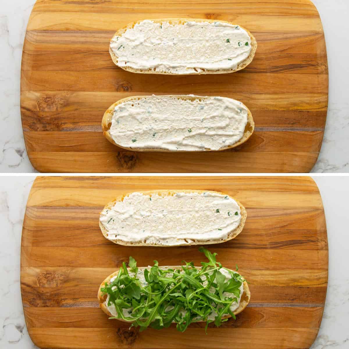 A collage of two images showing steps of how to make a prime rib sandwich.