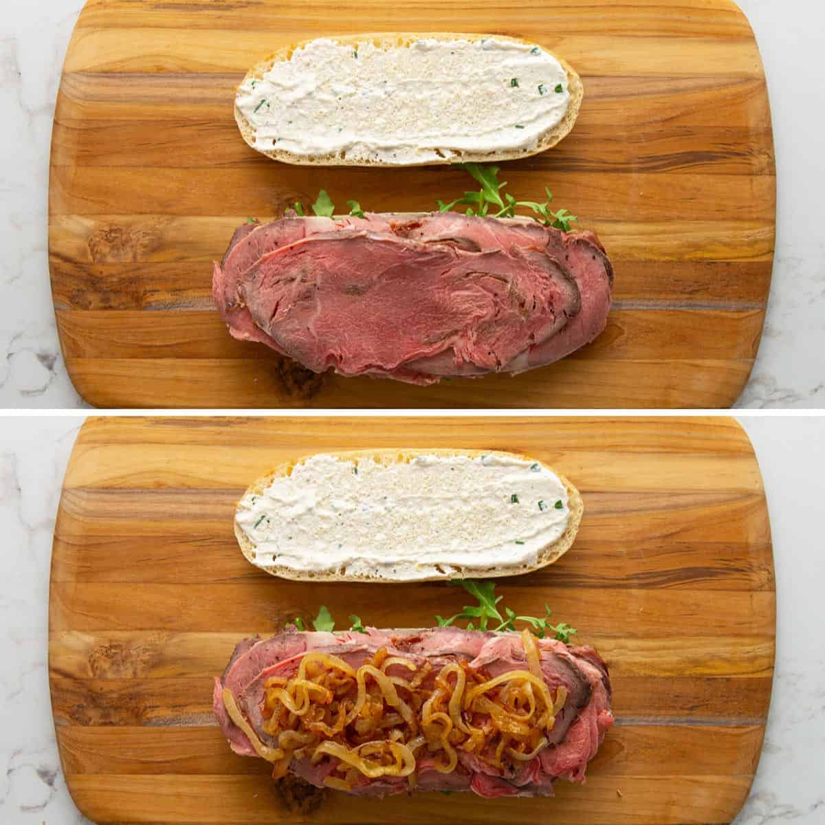 A collage of two images showing steps of how to make a prime rib sandwich.