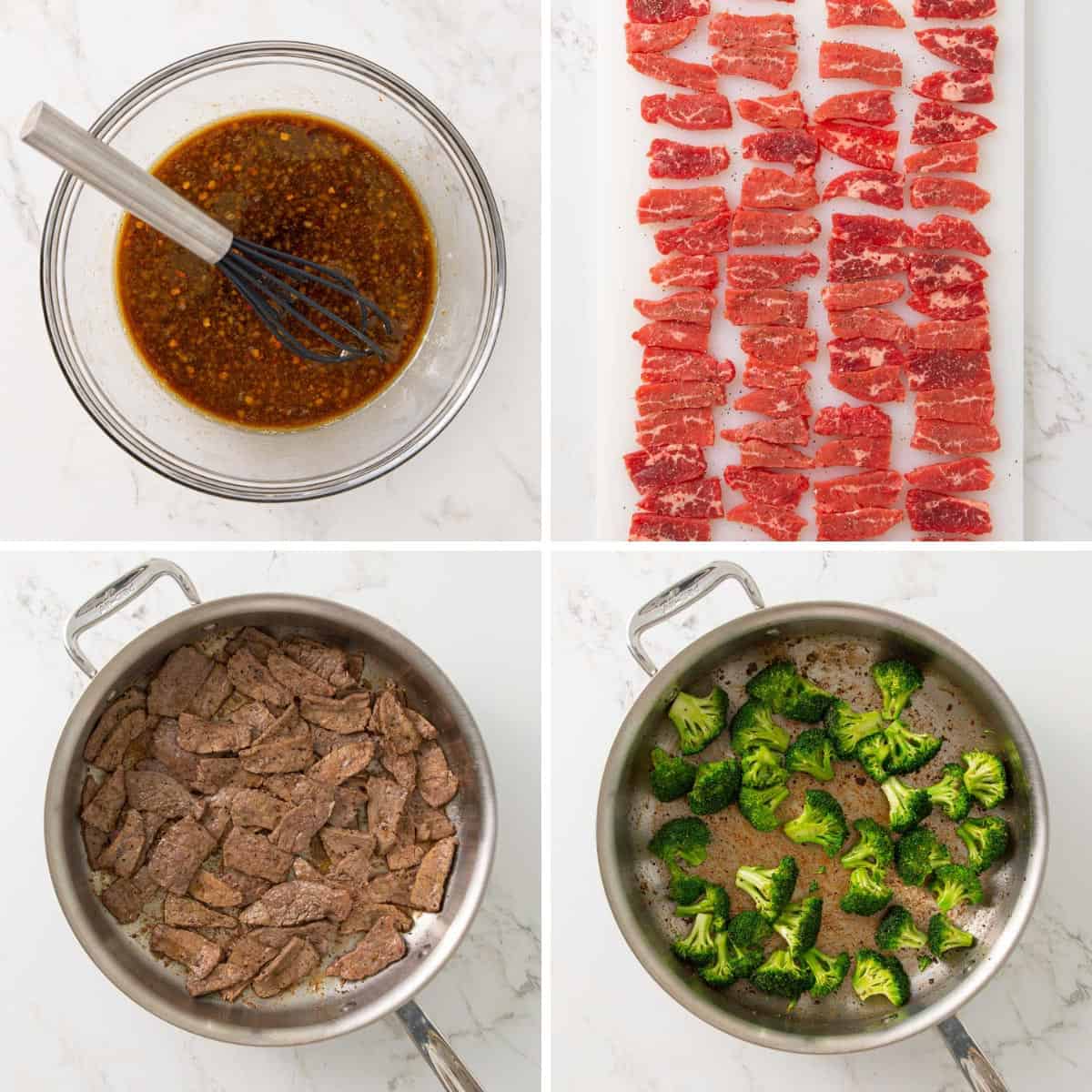 Steps showing how to make easy beef and broccoli stir-fry.