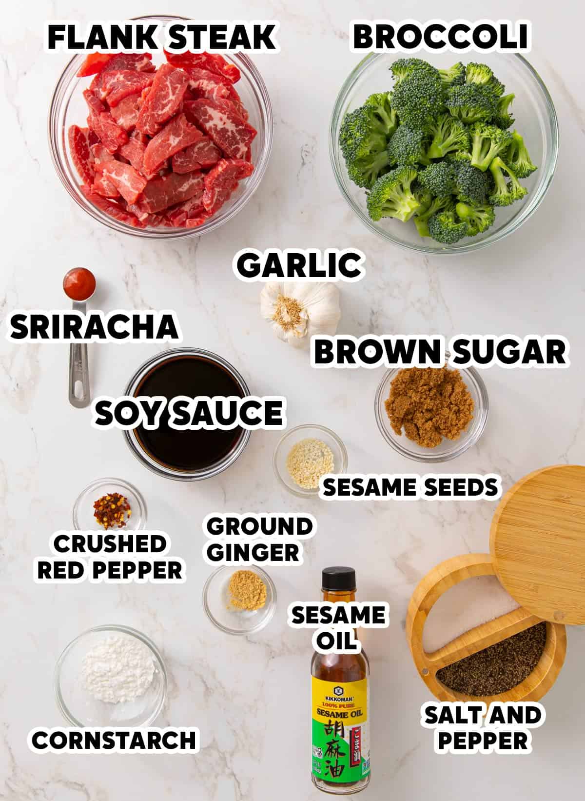Ingredients for making beef and broccoli stir-fry with overlay text.