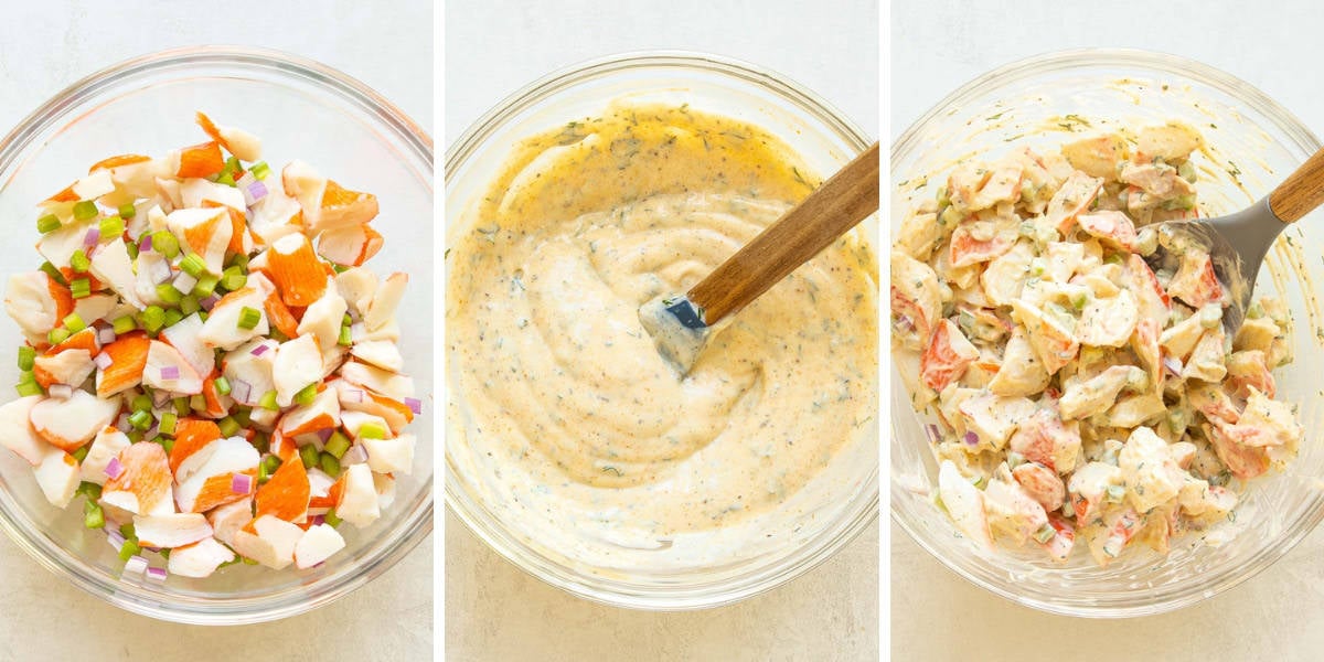 Steps showing how to make imitation crab salad.