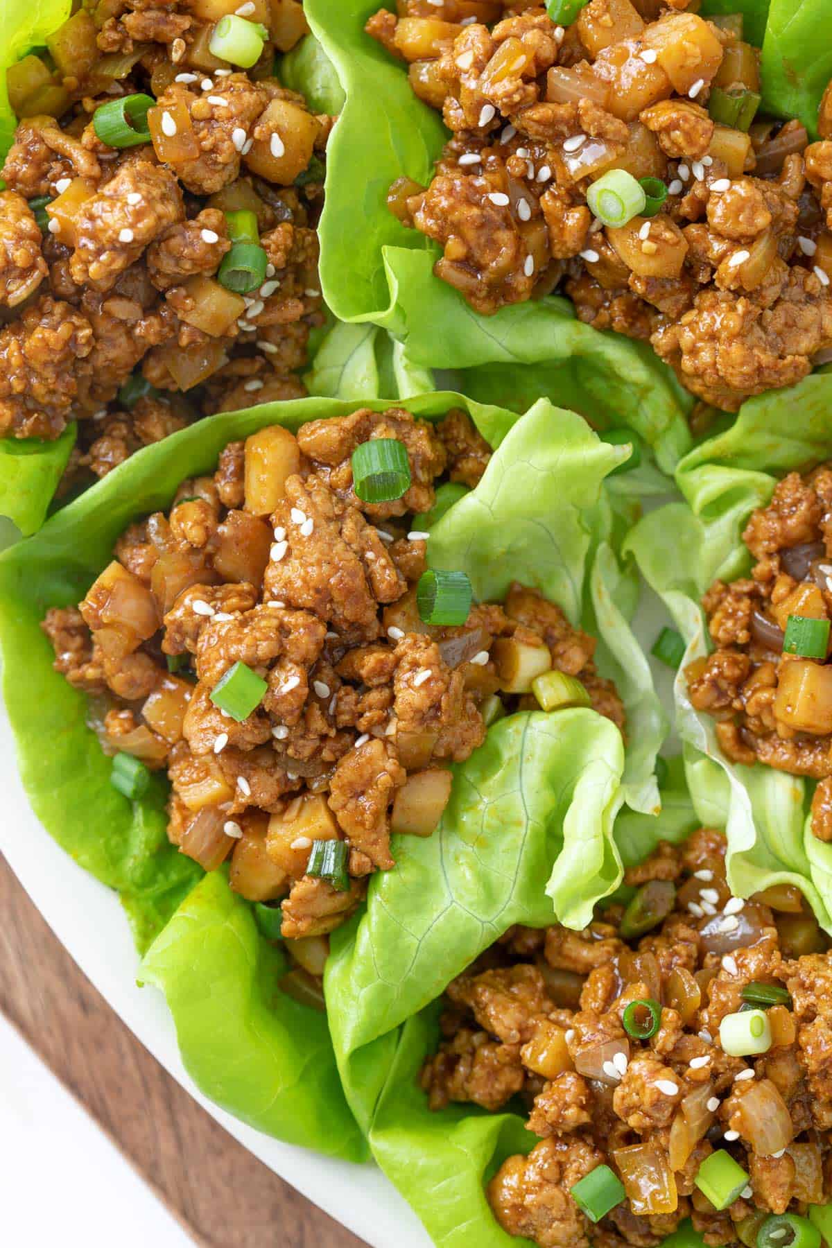 Overhead closeup view of ground chicken lettuce wraps.