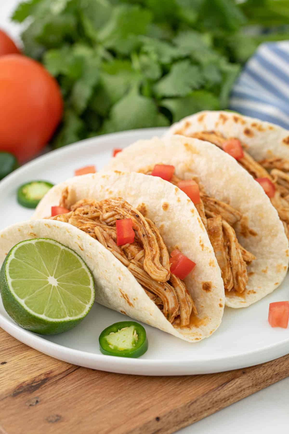 Front closeup view of three Mexican shredded chicken soft tacos on a white plate.