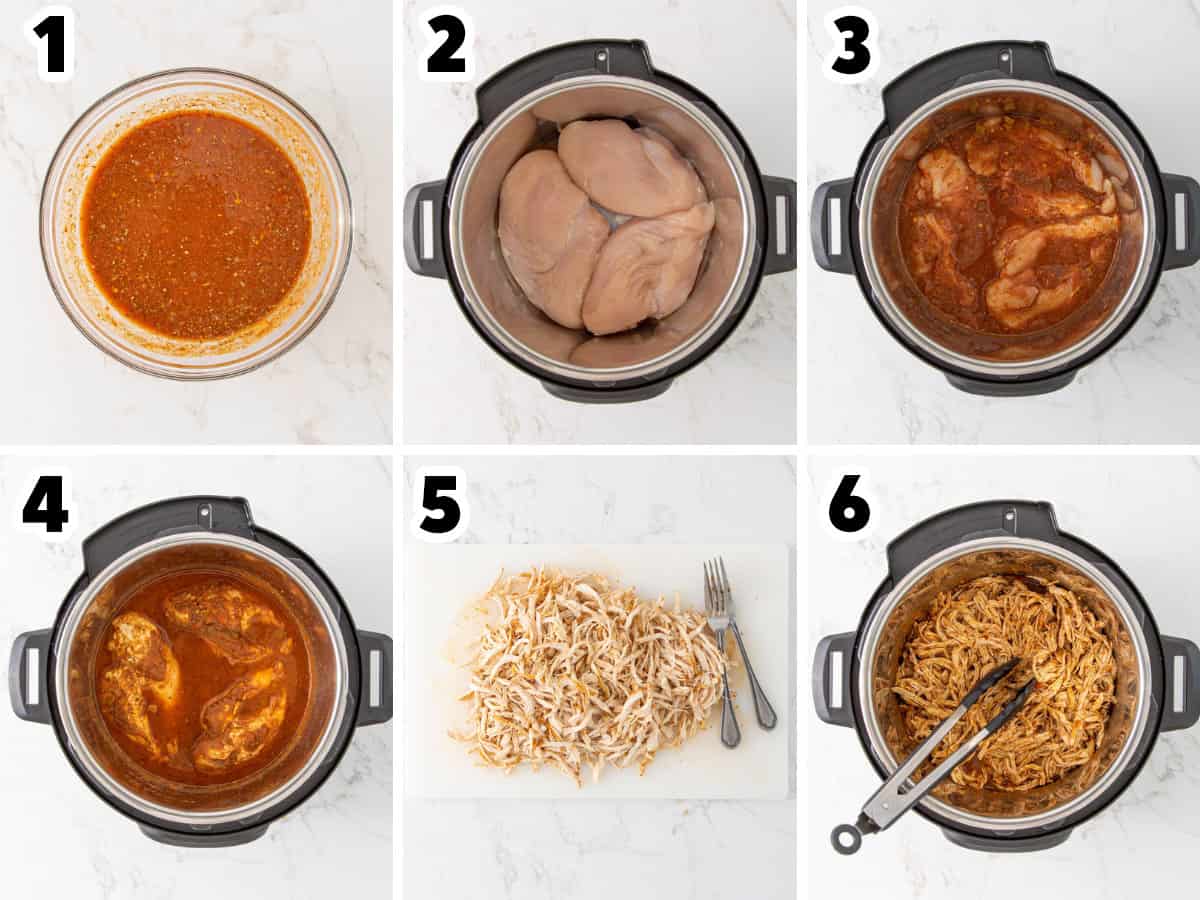 Steps showing how to make Mexican shredded chicken in an instant pot.