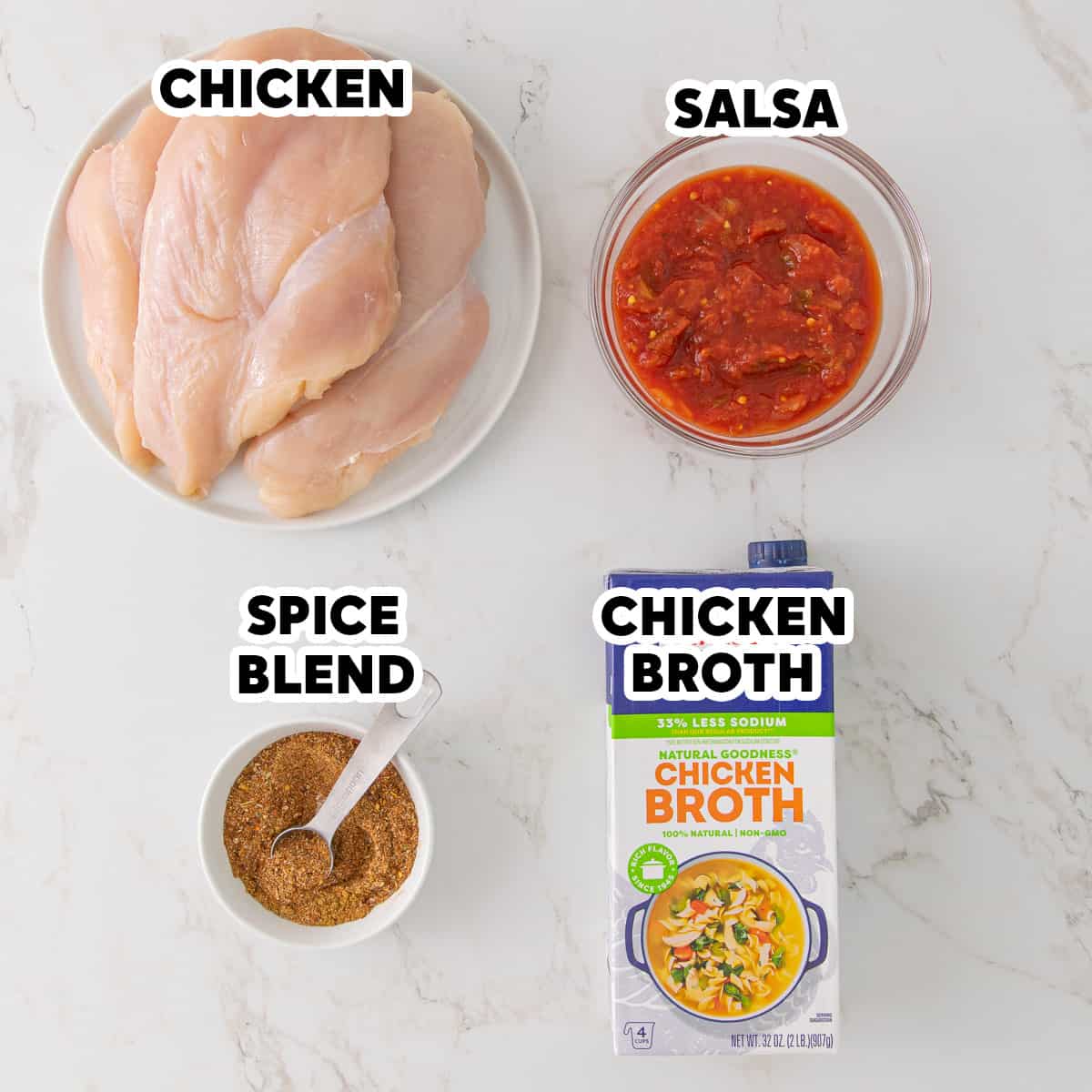 Overhead view of ingredients for Instant Pot Mexican shredded chicken: chicken breasts, salsa, a spice blend, and chicken broth.