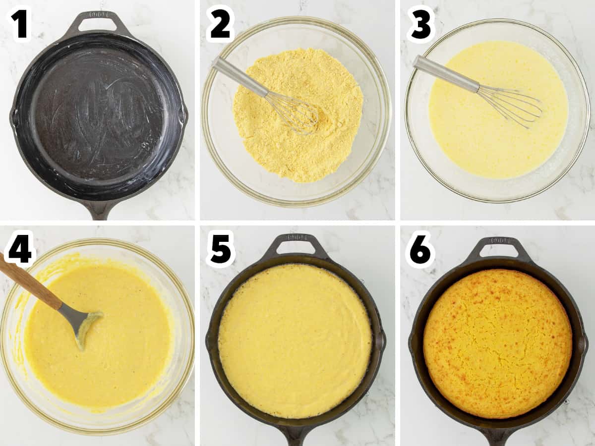 Steps showing how to make southern skillet cornbread with overlay text of numbers for each step.