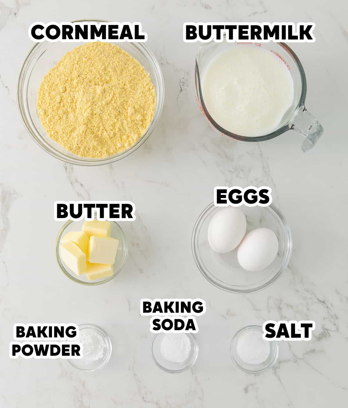 Overhead view of ingredients for southern skillet cornbread recipe with overlay text.