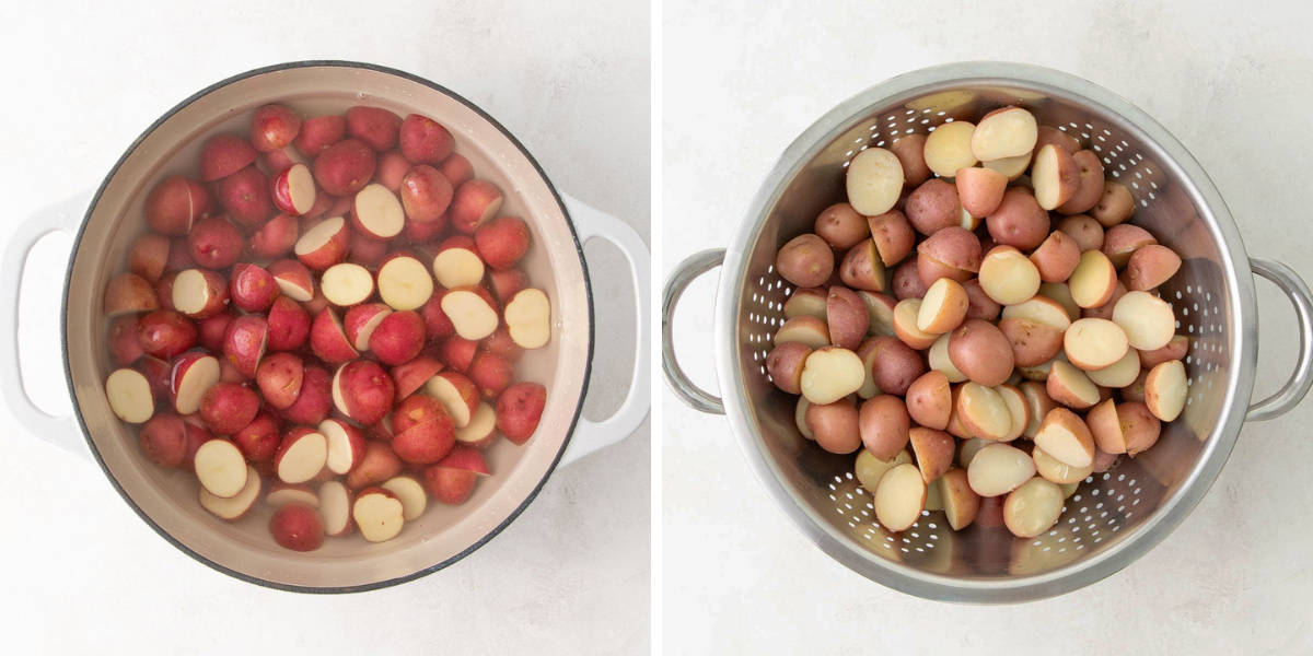 Baby red potatoes before and after boiling for making warm potato salad.