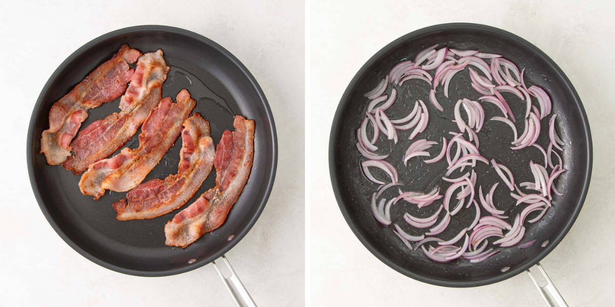 Steps showing how to make warm potato salad. A skillet with fried bacon and a skillet with cooked red onions.