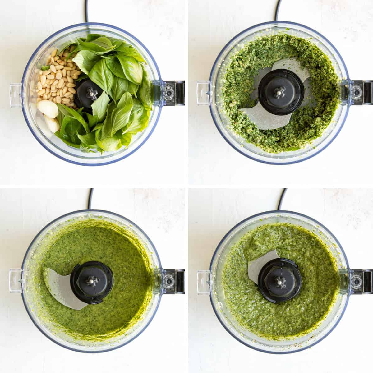 A step-by-step photo collage of how to make homemade basil pesto.