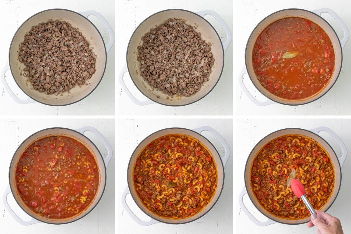 Step by step photos showing how to make American goulash.