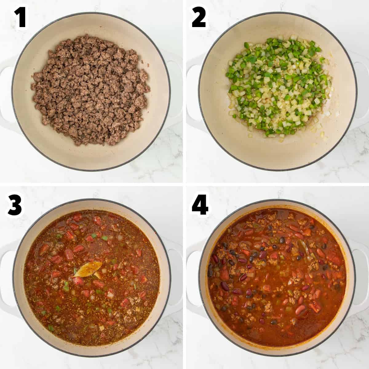 Steps showing how to make beer chili.