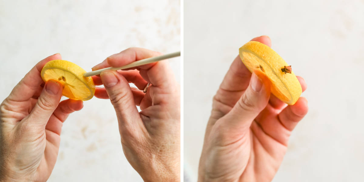 Two images showing how to stud a lemon wheel with cloves.