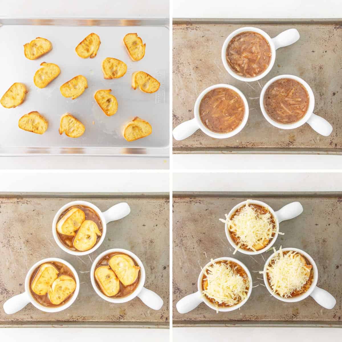 Step-by-step photos showing how to make French onion soup.