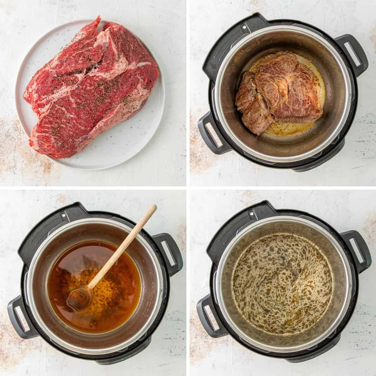 Step-by-step photos showing how to make French dip sandwiches in the instant pot.