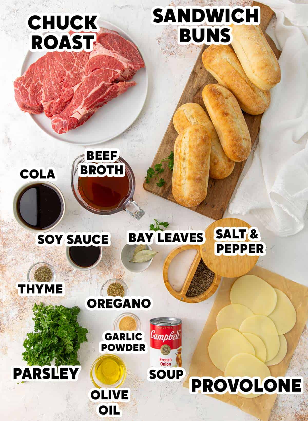 Overhead view of ingredients for making French dip sandwiches in the instant pot with overlay text.
