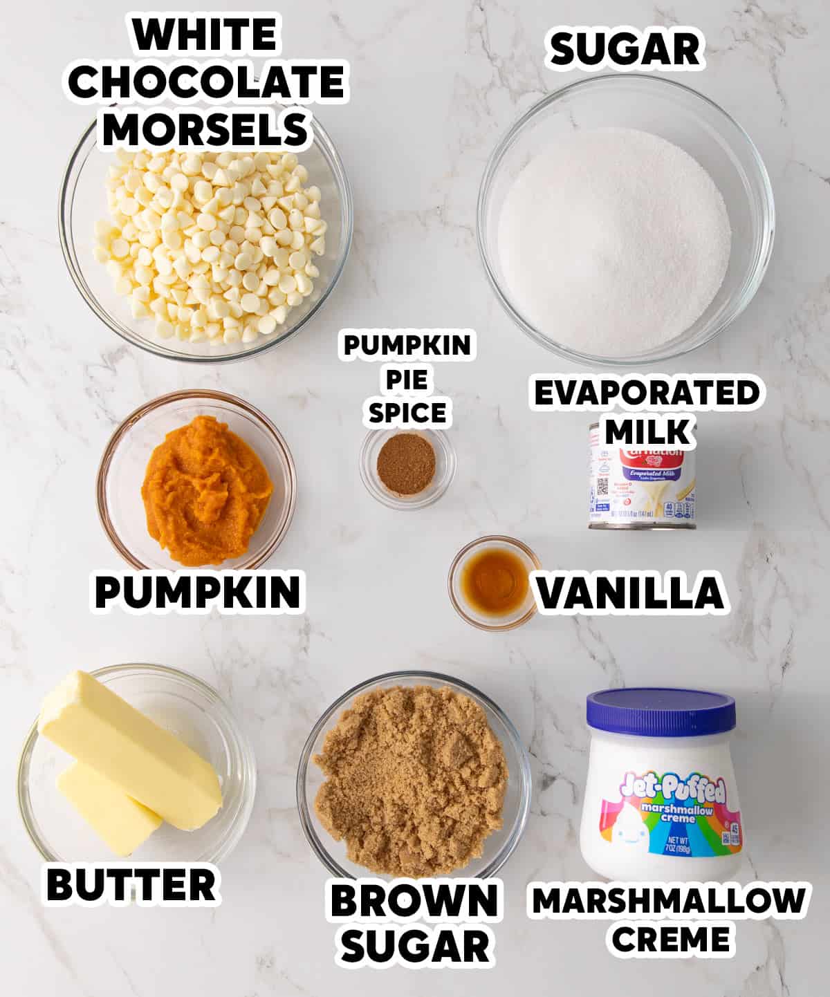 Overhead view of ingredients needed to make pumpkin fudge with overlay text.
