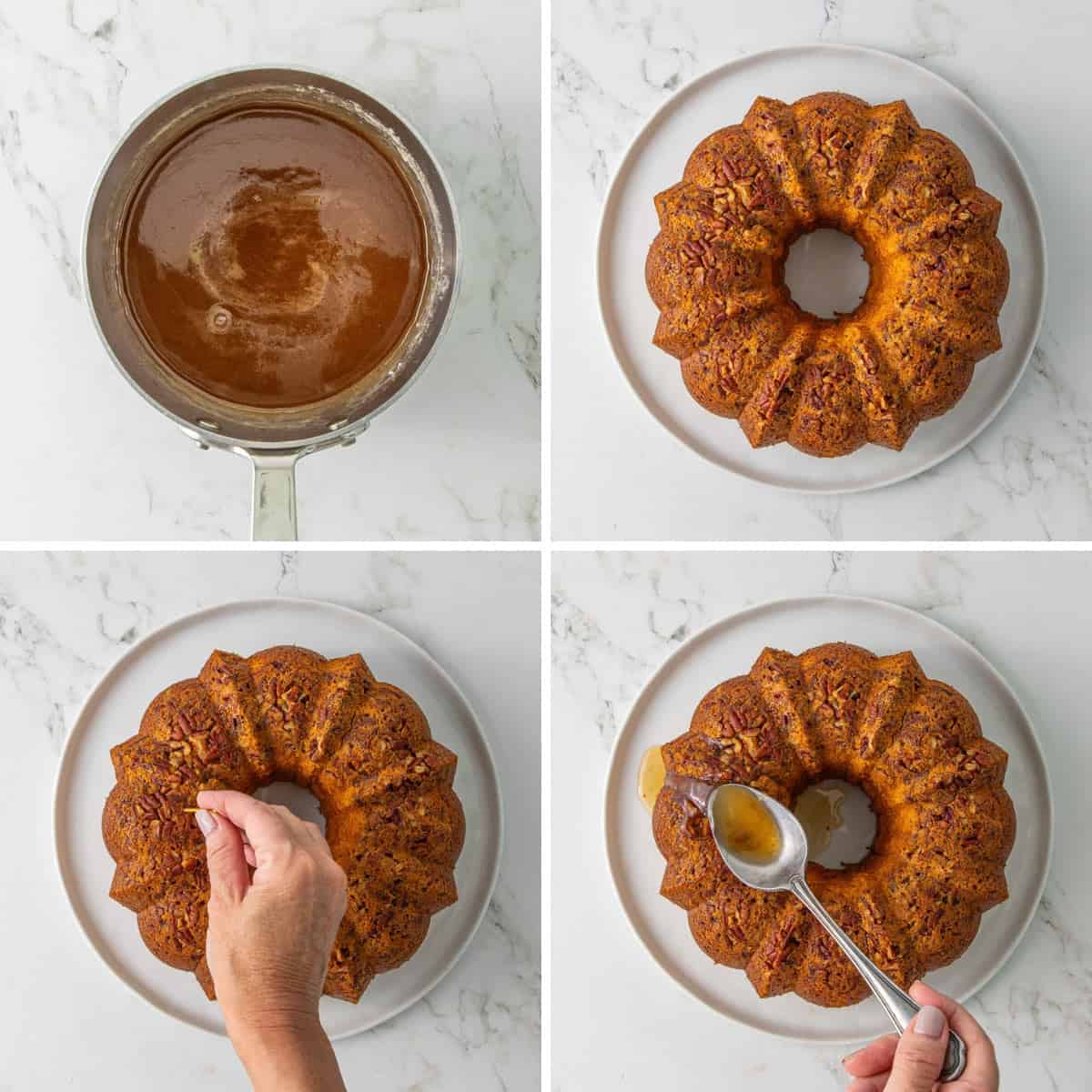 Step-by-step photos showing how to glaze a Bacardi rum cake.