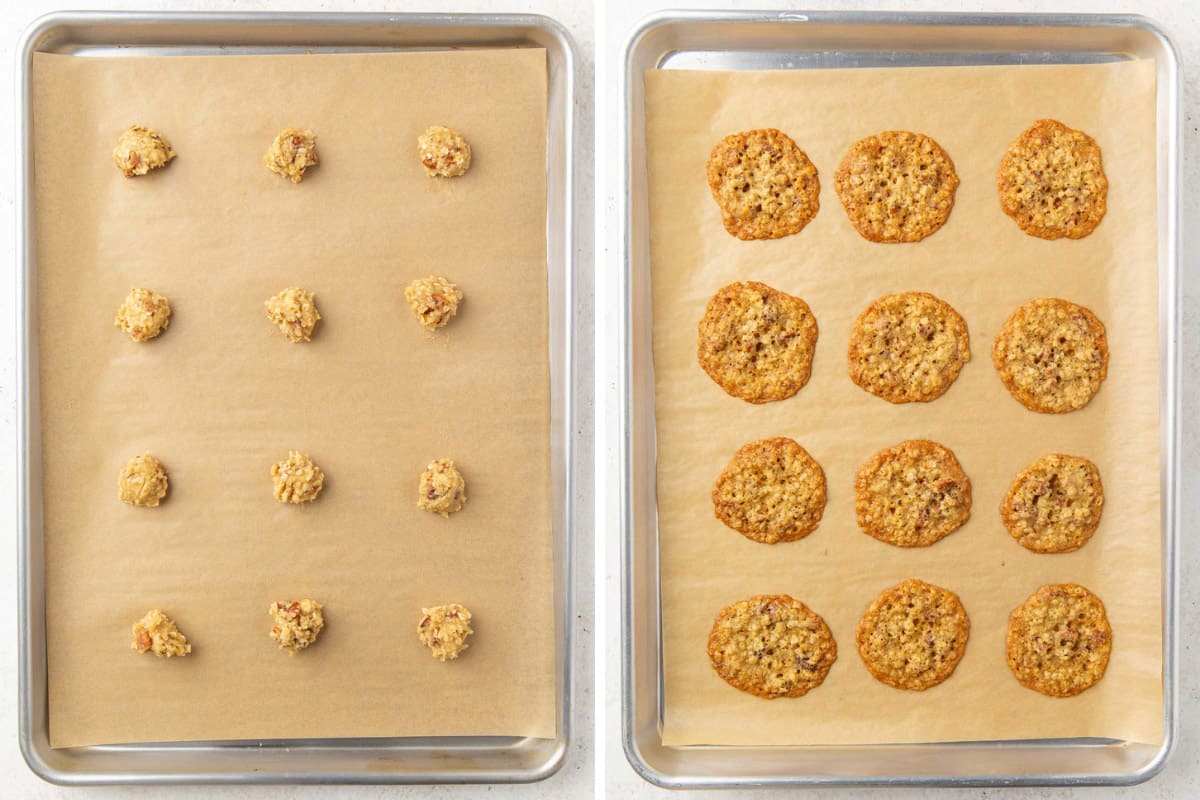Two images showing oatmeal lace cookies on a baking sheet before and after baking.