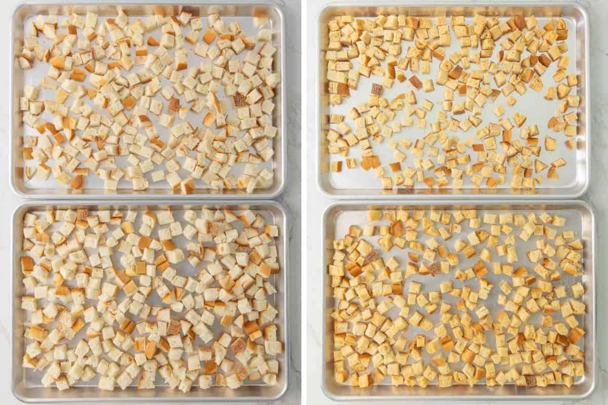 Bread cubes on baking sheets before and after baking.