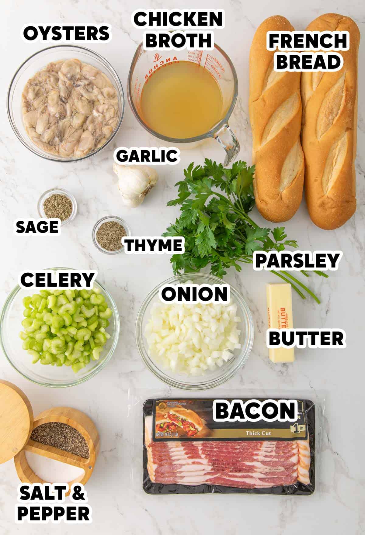 Overhead view of ingredients for making oyster dressing with overlay text.