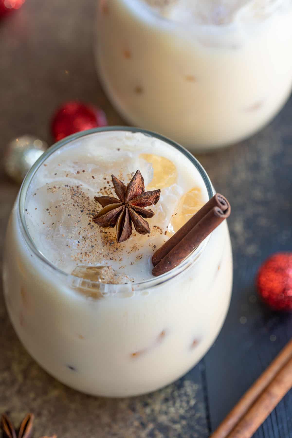 Close up view of an eggnog white russian cocktail.
