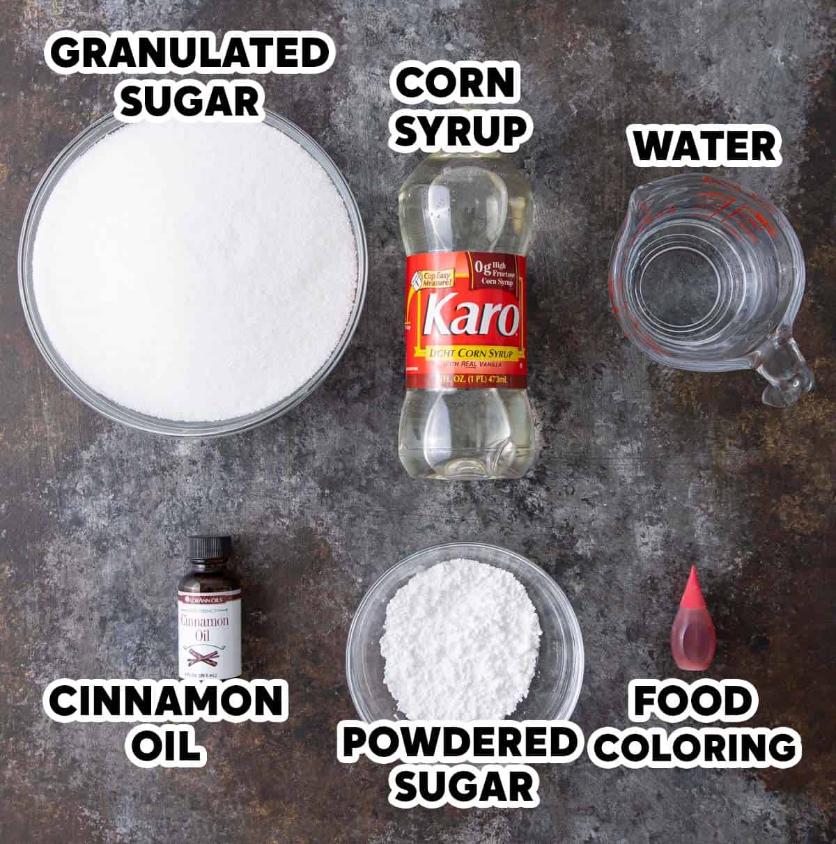 Overhead view of ingredients for making cinnamon candy.