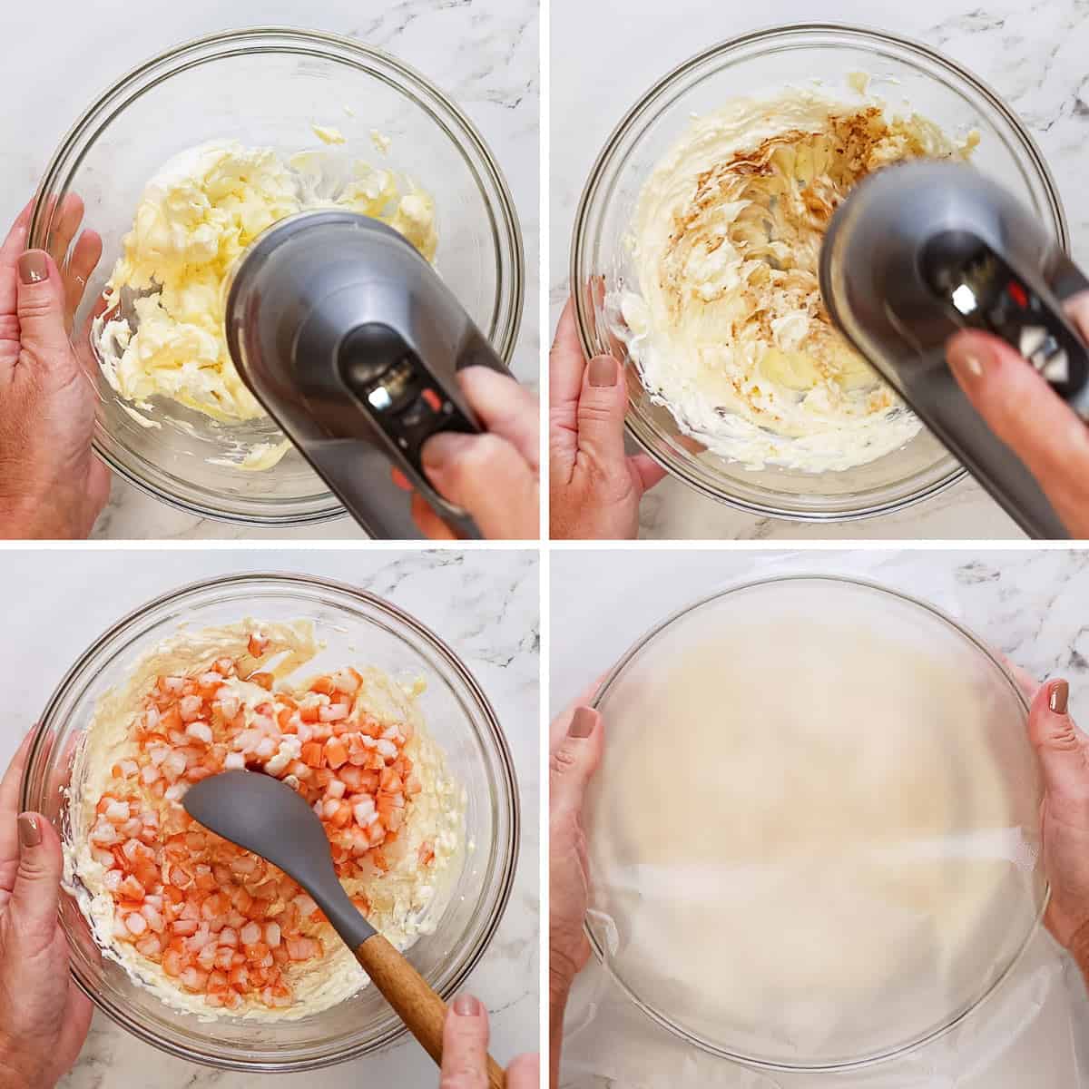 Step-by-step photos showing how to make shrimp dip.