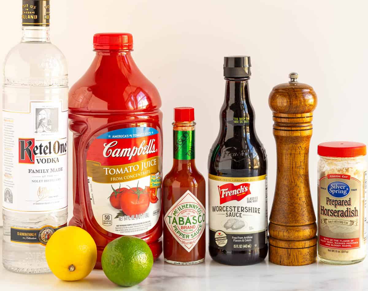 Front view of ingredients for making a bloody mary cocktail.