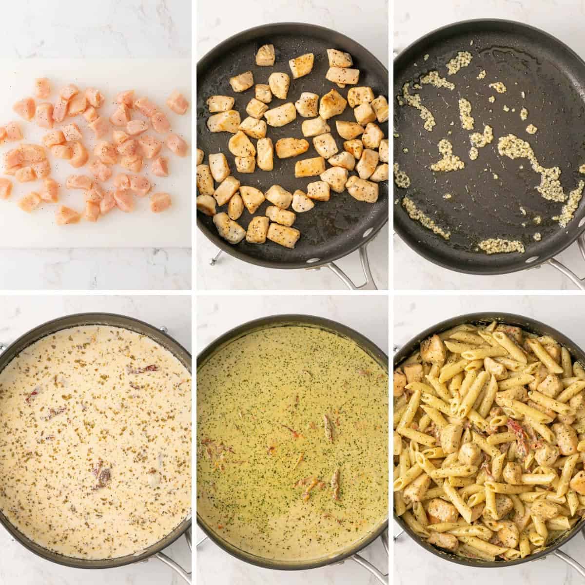 Steps showing how to make chicken pesto pasta.