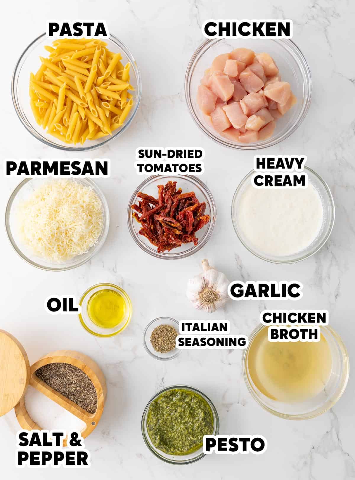 Overhead view of ingredients for making chicken pesto pasta with overlay text.