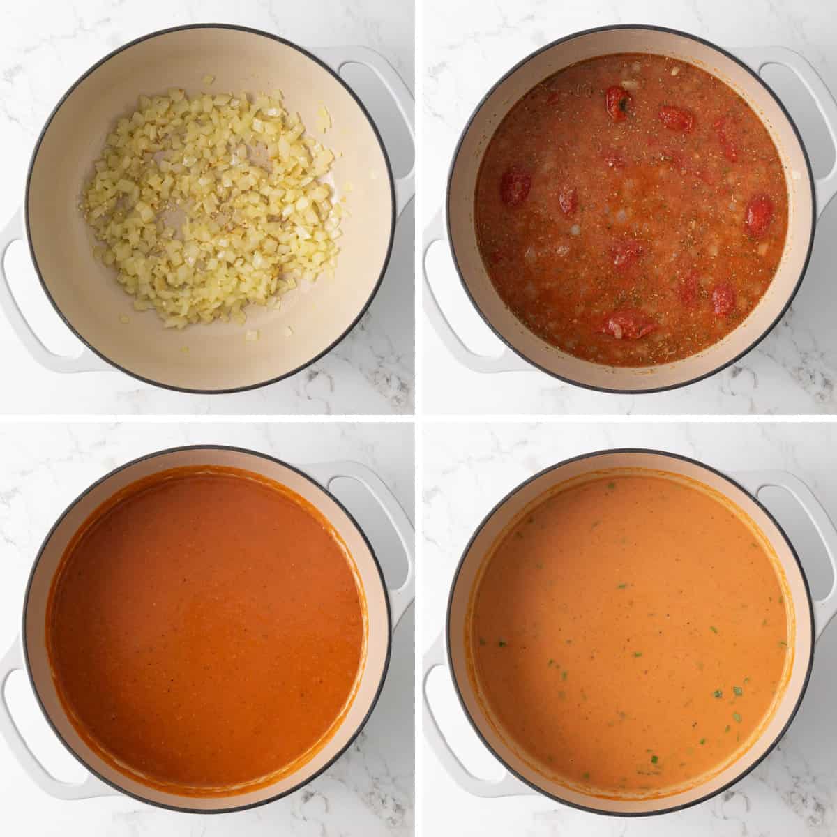 Steps showing how to make creamy tomato basil soup.