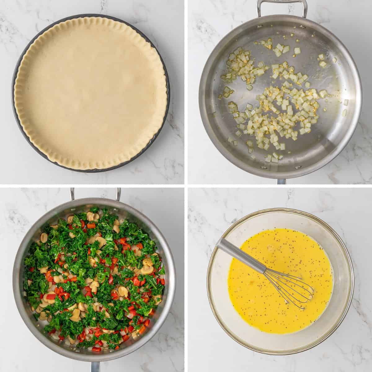 Step-by-step photos showing how to make kale quiche.