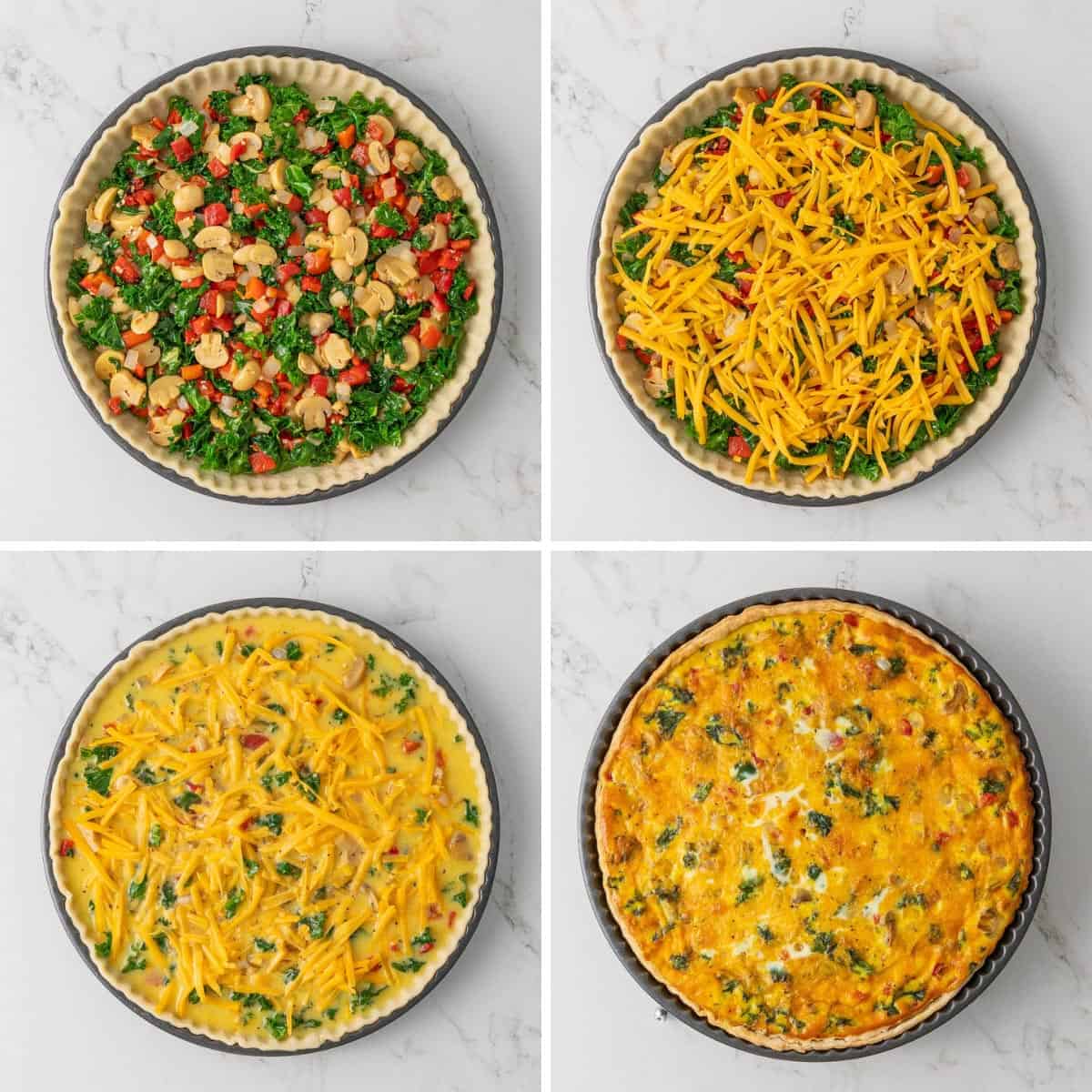 Step-by-step photos showing how to make kale quiche.