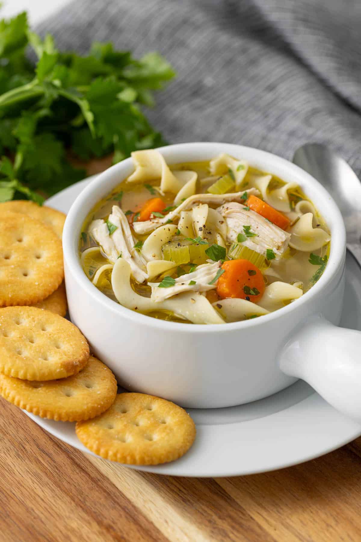 A bowl of chicken noodle soup on a plate with crackers.