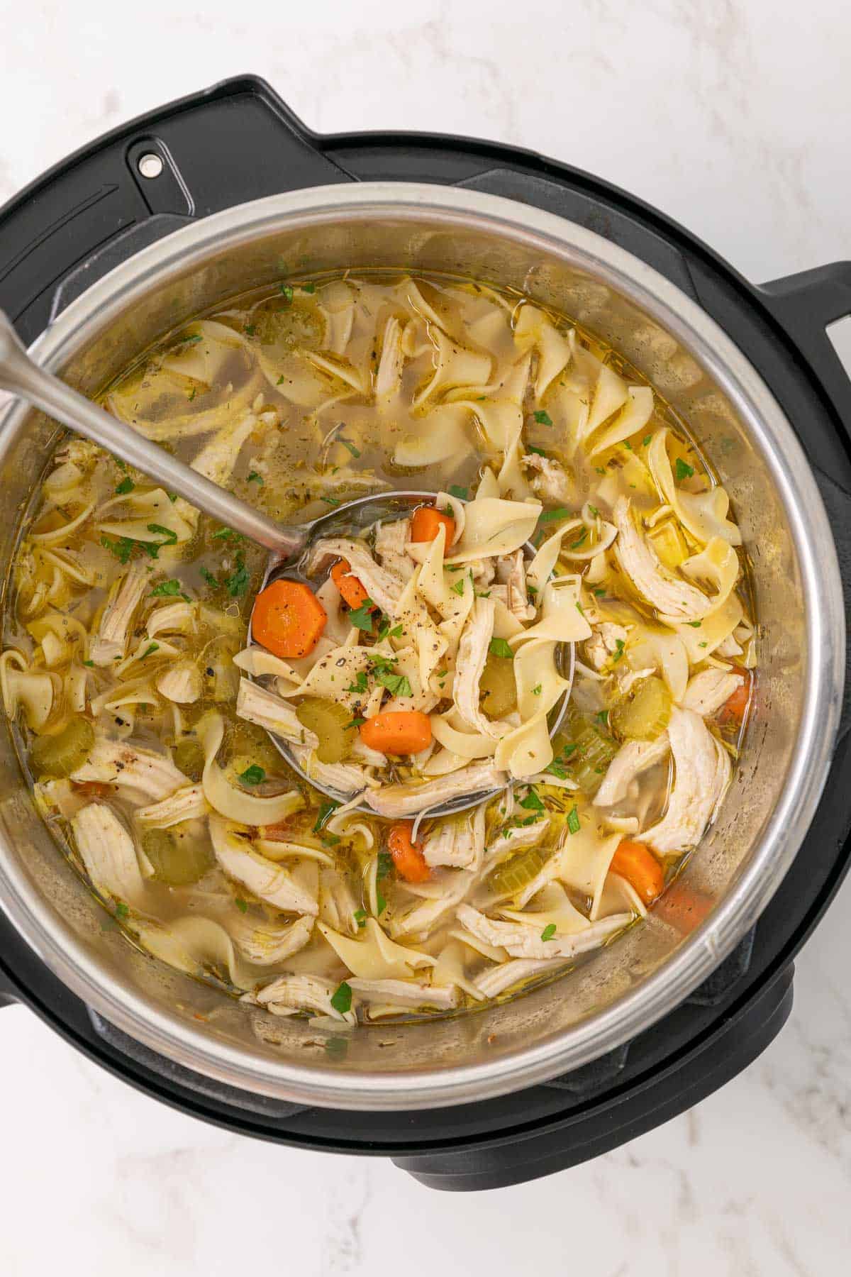 A ladle in an Instant Pot of chicken noodle soup.