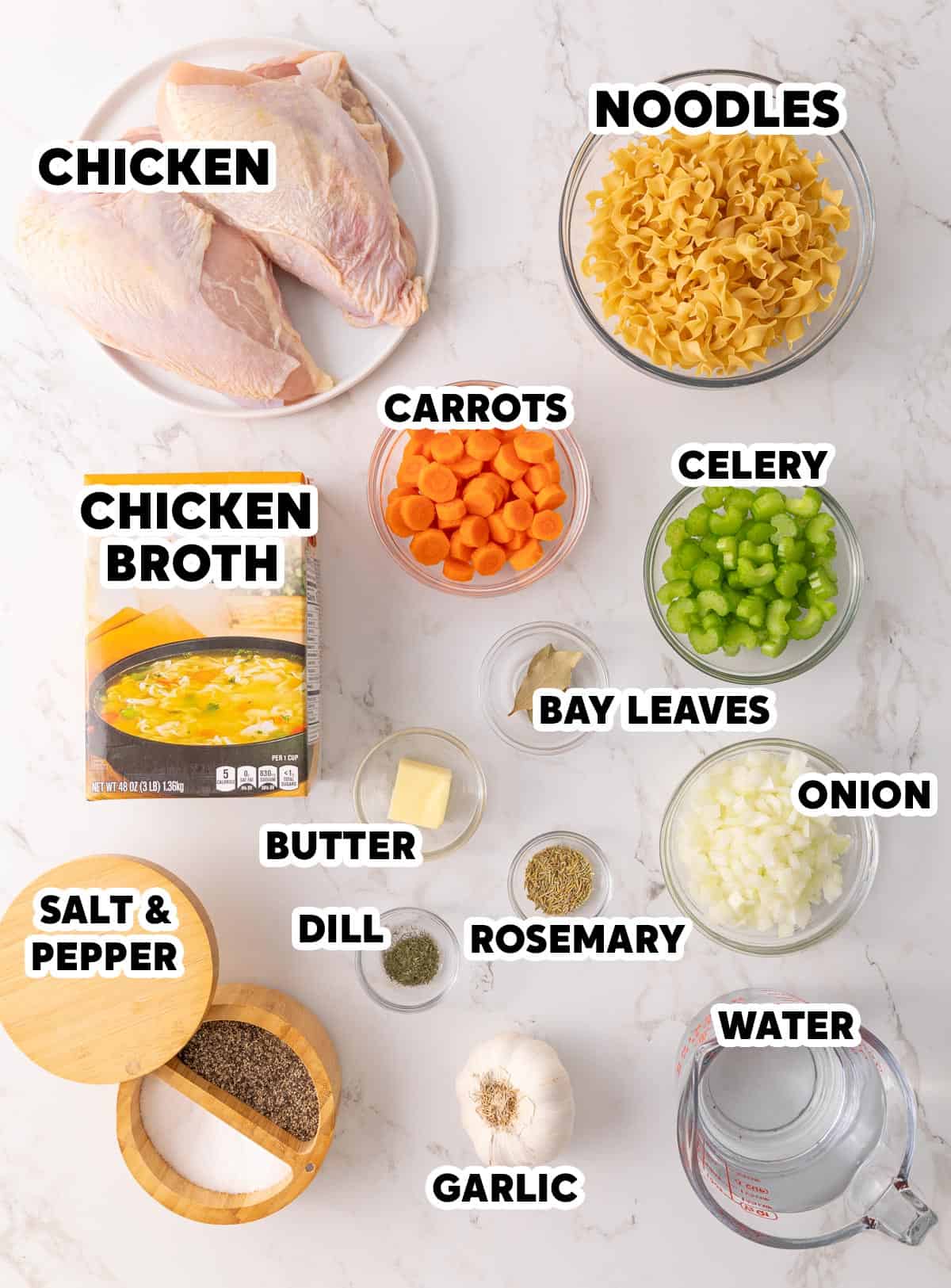 Ingredients needed for making chicken noodle soup in a pressure cooker.