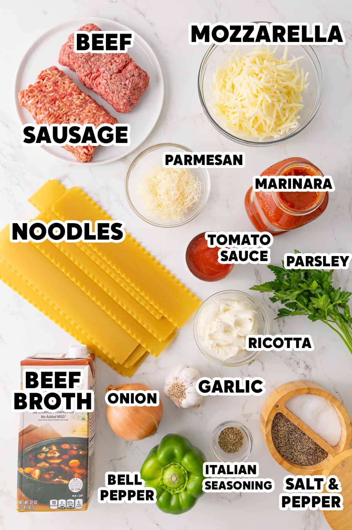 Overhead view of ingredients for making skillet lasagna with overlay text.